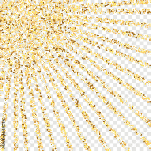 Star Sequin Confetti on Black Background. Voucher Gift Card Template. Vector Gold Glitter. Falling Particles on Floor. Christmas Party Frame. Isolated Flat Birthday Card. Golden Stars Banner.