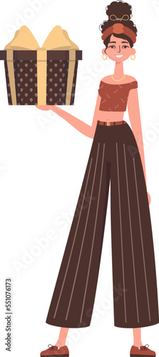 The woman is holding a gift. Trendy character style.