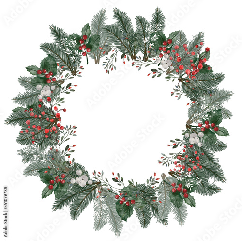Winter Christmas watercolor wreath on the white isolated background. Holiday Greetings.  