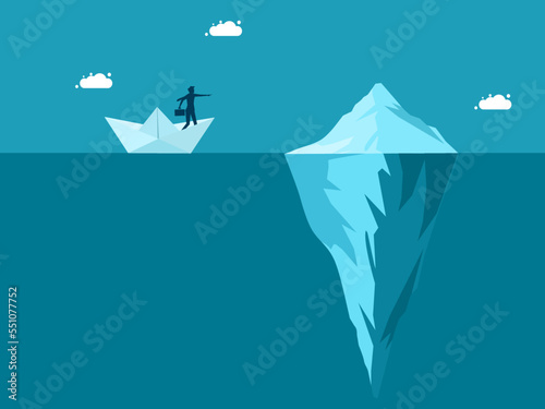 Business risks. Businessman in paper boat sailing near iceberg vector eps