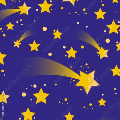 Cosmic seamless pattern of golden stars in a blue sky