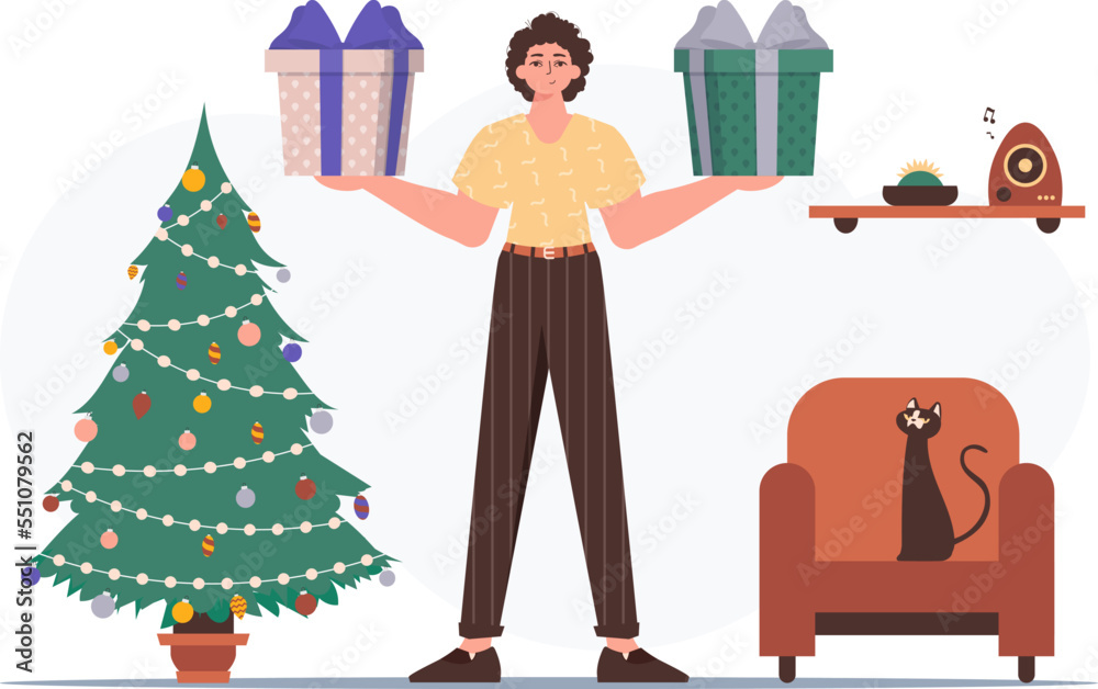 Obraz premium Gift concept for christmas or new year. The boy is holding a gift.