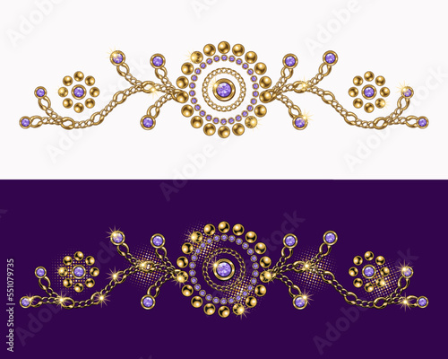 Baroque border motif with swirls. Ornament made made of gold jewelry chains, purple gems, rhinestones, ball beads in vintage style. Vector illustration on white, violet background.