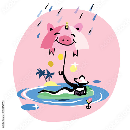 Saving for a rainy day concept. A daydream of a woman relaxing on holiday in a tropical paradise. Benefits of saving money.