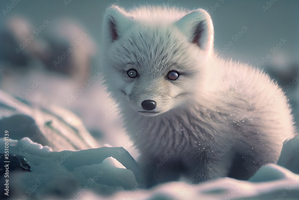 Obraz premium Baby Arctic fox (Vulpes Lagopus) in snow habitat, winter landscape, generative ai