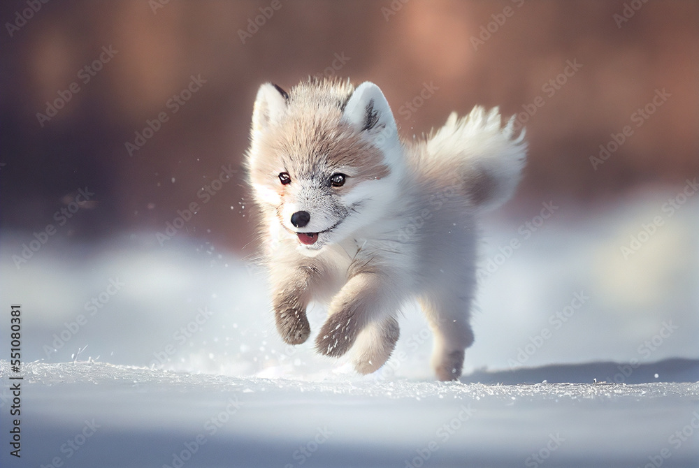 Baby Arctic fox (Vulpes Lagopus) in snow habitat, winter landscape,  Svalbard, Norway Stock Illustration