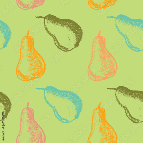 Color pears seamless pattern for fabric design. Green pear textile ornament. Fruit background for Vegan banner, label juice. Red pear drawings for jam packaging. Hand drawn wallpaper texture.