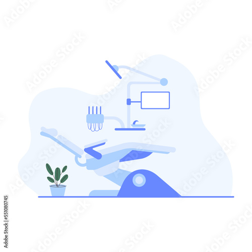 Dentist office. Dental room interior with dentist chair, lamp, drilling machine, instrument for teeth treatment. Stomatology service. Clinic cabinet, orthodontist practice workplace illustration