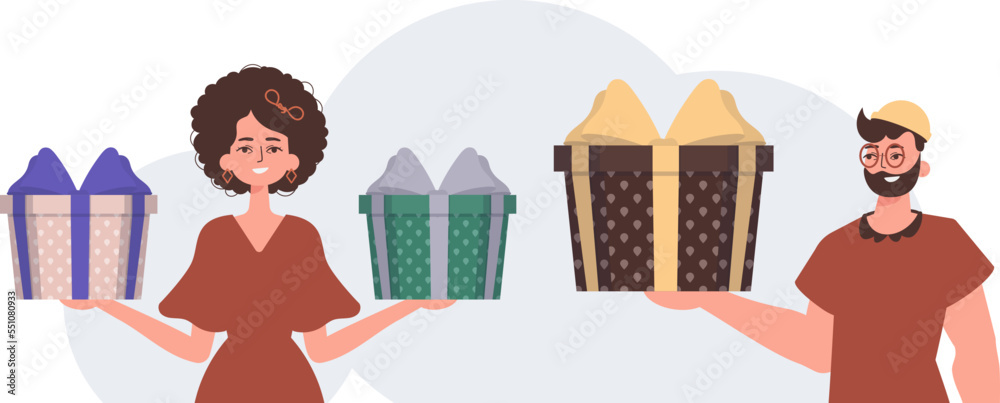 The guy and the girl are holding gift boxes in their hands. The concept of holiday greetings for Valentine's Day. The guy and the girl are holding gift boxes in their hands. The concept of holiday greetings for Valentine's Day.