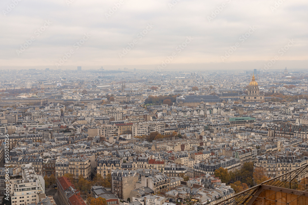 Views of the landscape of the city of Paris and the Seine River from the Eiffel Tower