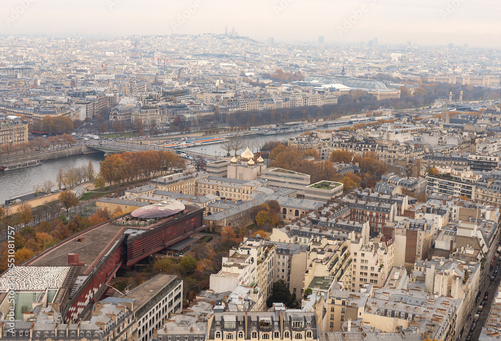 Views of the landscape of the city of Paris and the Seine River from the Eiffel Tower
