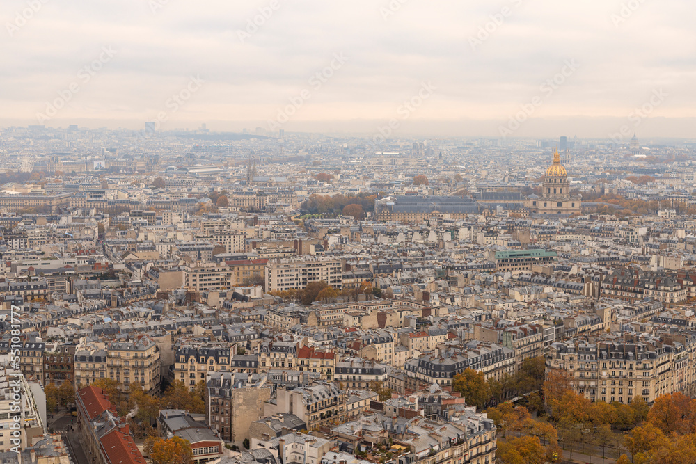 Views of the landscape of the city of Paris and the Cathédrale Saint-Louis des Invalides from the Eiffel Tower