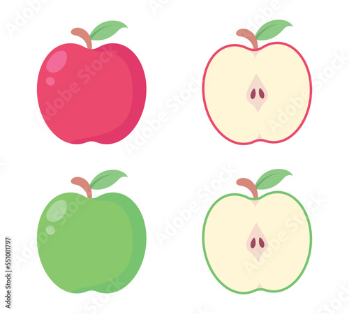 Set of colorful red and green apple cartoon vector. Simple flat design apple fruit. Vegetarian and ecology food. Healthy food. Sweet apple. Tropical fruits.