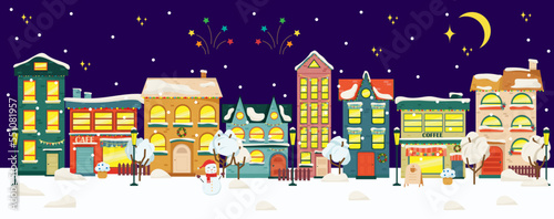 Snowy night in cozy christmas town city panorama. Winter christmas village