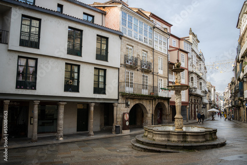Praza do Ferro, Plaza del Hierro. Fountain the old town centre of Ourense, historic buildings and fountan on the stone streets. Galicia, Spain.