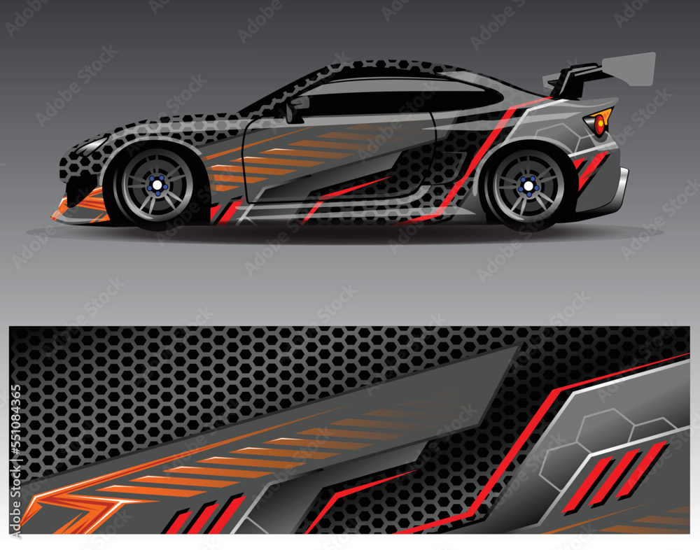 Car wrap design concept. Abstract racing background for wrapping vehicles  race cars  cargo van  pickup trucks  and racing livery.