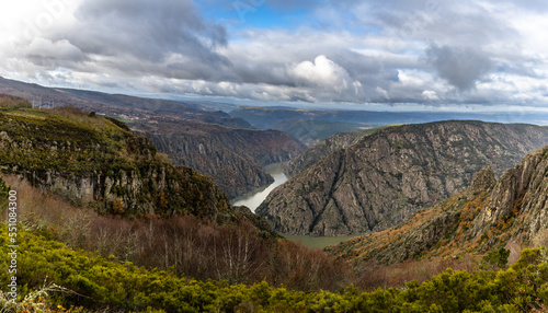 Cañon del Sil. Landscape view of the Canyon of Sil in Ribeira Sacra, well know area for it's terraced vineyards for Mencia wine. Ourense, Galicia, Spain photo