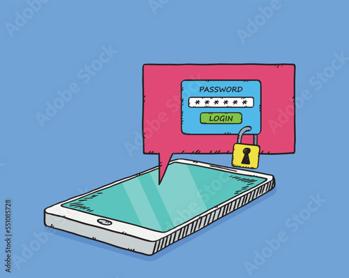 A hand-drawn illustration showing a cellphone and a document with blocked access. The document is protected by the password needed to open it.