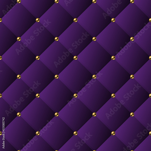 Classic volume seamless pattern with square grid and golden buttons. Green background like sofa upholstery. Purple color