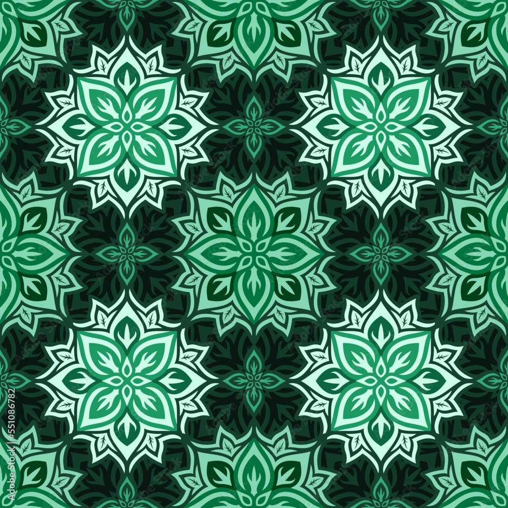 Fototapeta premium Vector art with colorful green floral tile pattern