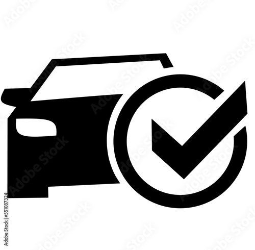 Automobile with check mark icon vector, black and white car shape with tick pictogram isolated symbol