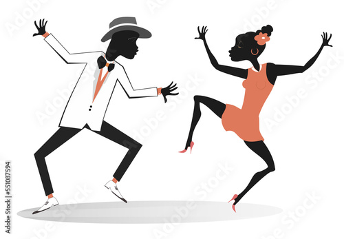 Romantic dancing young African couple illustration. Funny dancing young African man and woman. Isolated on white background