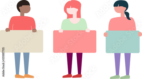 Flat design vector illustration of young black man, pink and sporty pony tail hair woman sales person holding empty black free copy space round banner for you to fill your own text such as order here