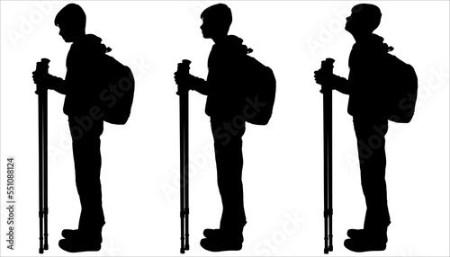 Teenagers with walking sticks in their hands and backpacks behind their backs stand in a row, in one line. Side view. Sport. Hiking. Black silhouette isolated on white. Trekking boy.