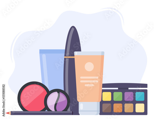 Decorative cosmetics, beautiful composition. Everything for make up. Eye shadow, mascara, nail Polish, foundation, brush, lipstick, cream cosmetic pencil. Vector illustration.