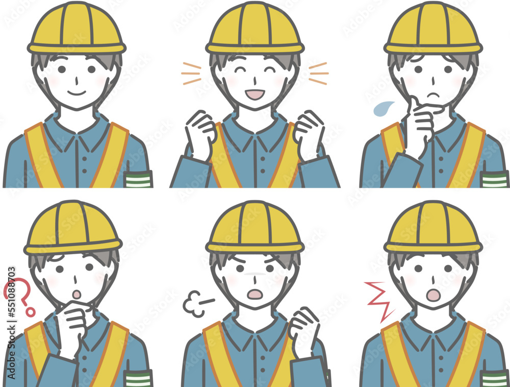 若い男性の交通作業員の色々な表情 若い男性の交通作業員の色々な表情