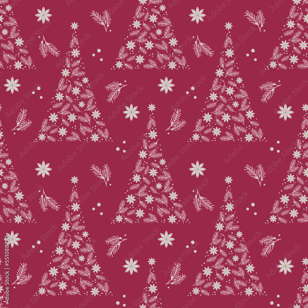 Pattern Viva Magenta color 2023 Merry Christmas Happy New Year horizontal , tree star anise berry.