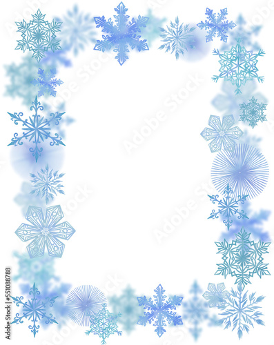 Fototapeta Naklejka Na Ścianę i Meble -  Frame with Blue watercolor snowflakes on a transparent background, PNG, for Christmas invitations, postcards, banners and more