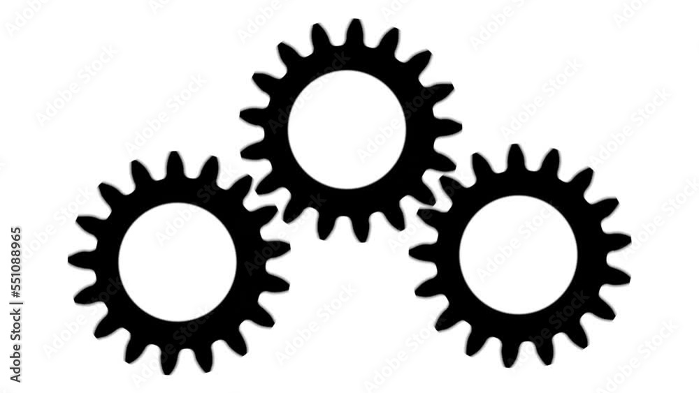 Three black gears starts spinning, spins and stops on a white background. Three black gears starts spinning, spins and stops on a white background.