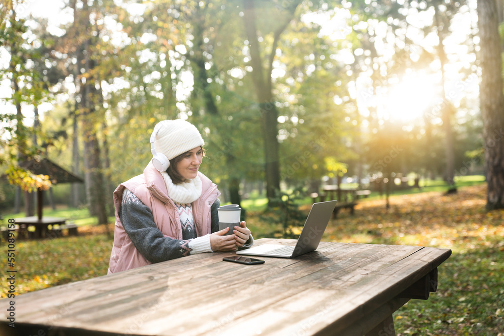 Fototapeta premium Woman in the park with a laptop.