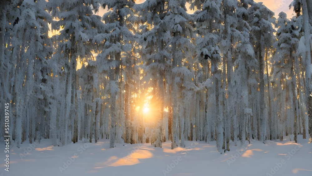 夕焼けの雪の森
