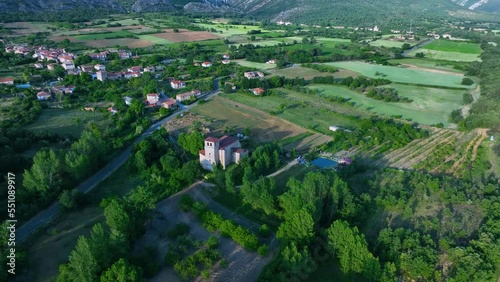 Landscape around the church of Quecedo. Aerial view from a drone. Tesla Saw. I stay. Quecedo. Ebro river. Valdivielso Valley. The Meringues. Burgos, Castilla y Leon, Spain, Europe photo