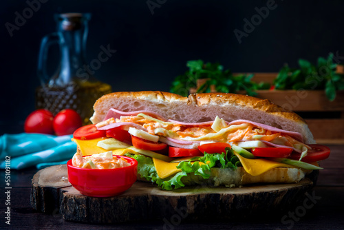 Delicious looking cold sandwich served with coleslaw sauce.