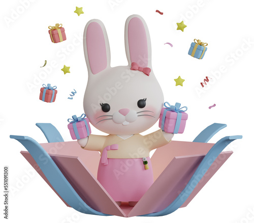 3D Rendering Cute Rabbit from Surpirse Gift Box with Little Star and Confetti. PNG Transparent Background photo