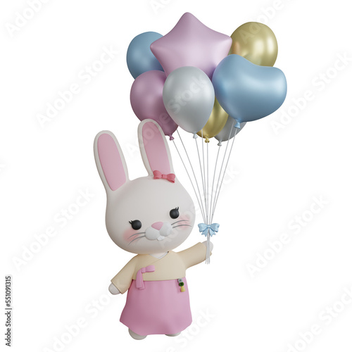 3D Rendering Cute Rabbit Wearing Hanbok Hold Balloons and Flying. PNG Transparent Background.