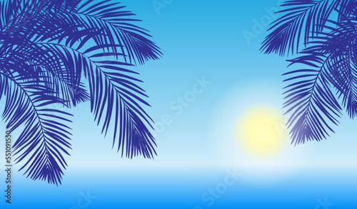 Palm trees silhouettes on the sea coast at sunset. Vector illustration