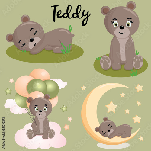 Cute teddy. Funny illustration of a sleeping bear. Baby Hare