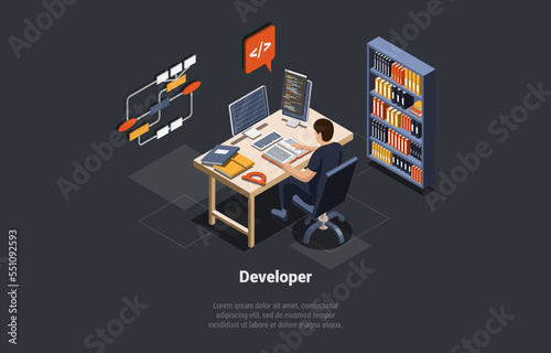 Software Development Coding Process. Programmer or Web Developer Coding App on Computer. Screen With Code, Script and Open Windows. Man Coder Engineer At Workplace. Isometric 3d Vector Illustration