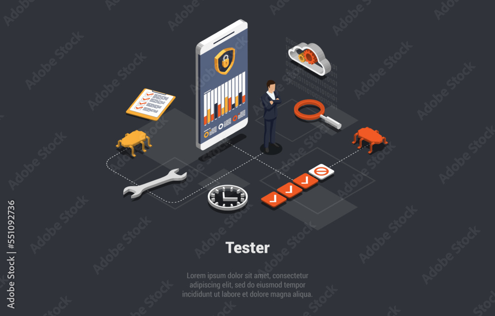 Software Engineer Job. Software Tester Testing Programs, Debugging And Making Functional Test. Man Software Quality Assurance Engineering Make Tests Of Applications. Isometric 3d Vector Illustration Software Engineer Job. Software Tester Testing Programs, Debugging And Making Functional Test. Man Software Quality Assurance Engineering Make Tests Of Applications. Isometric 3d Vector Illustration