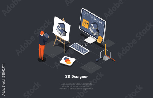 Concept Of 3D Design And Freelance Work. Man Architect Of 3D Graphic Design Making Mock up Of House On Computer. 3D Learning Courses, School For Web Design. Isometric 3d Cartoon Vector Illustration
