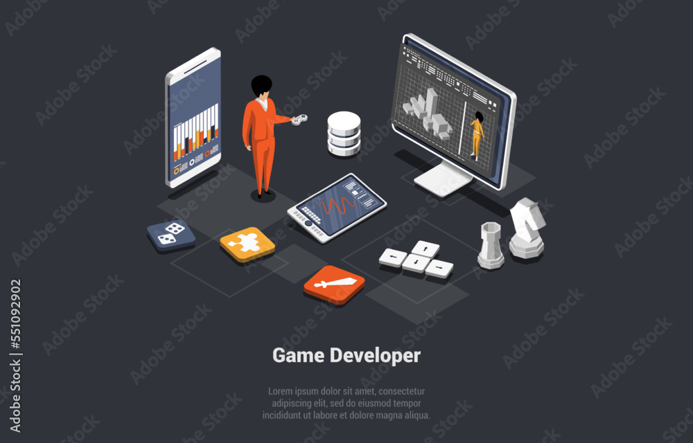 Concept Of Game Development. Male Character Developer In Process Of Create And Develop New Computer Video Game Design. Digital Technology, Programming and Codding. Isometric 3d Vector Illustration