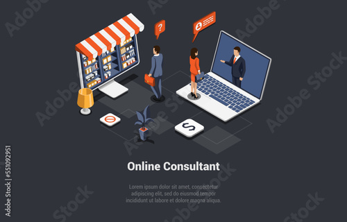 Call Center, Technical Support 24 7. Hotline Operator Advise Customers. Virtual Online Consultant On Monitor Screen Consulting, Helping Customers To Solve Problems. Isometric 3d Vector Illustration