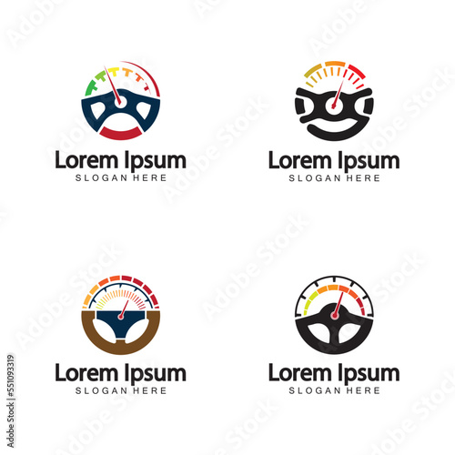 Steering Wheel and speedometer logo template. Driving school vector design.