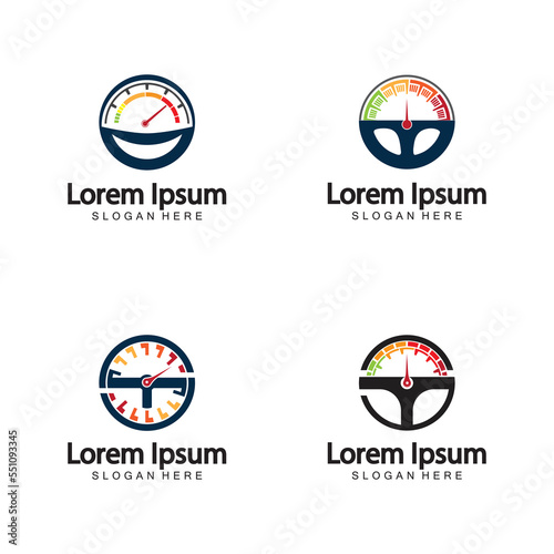 Steering Wheel and speedometer logo template. Driving school vector design.