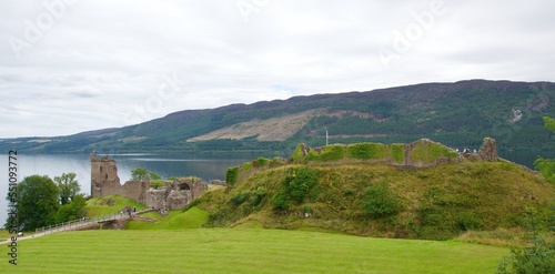 Landscape of the Highland with ruins of medieval castle in Scotland
