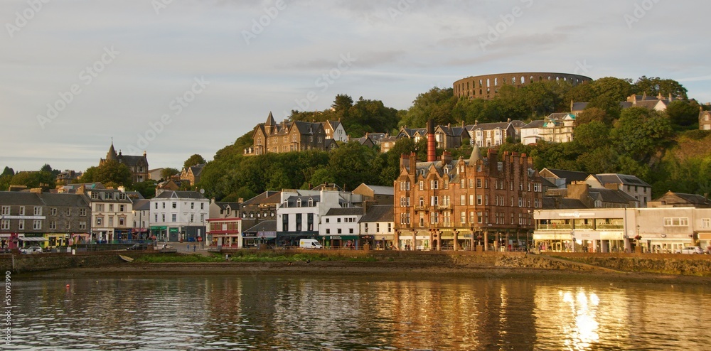 Buildings along the coast of Oban Bay in Scotland